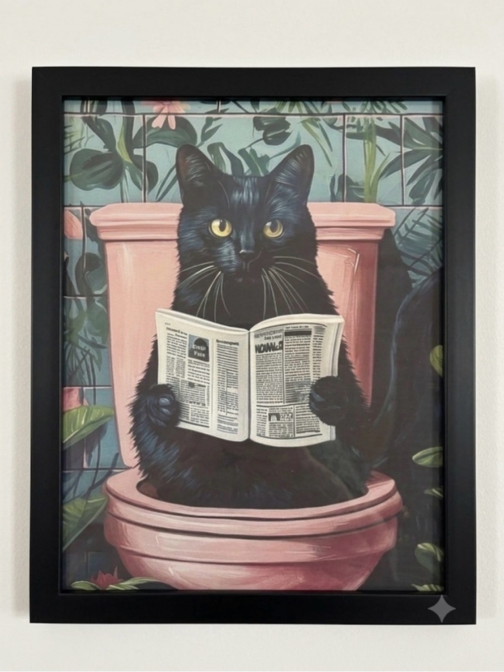 Framed Art of Black Cat with Newspaper